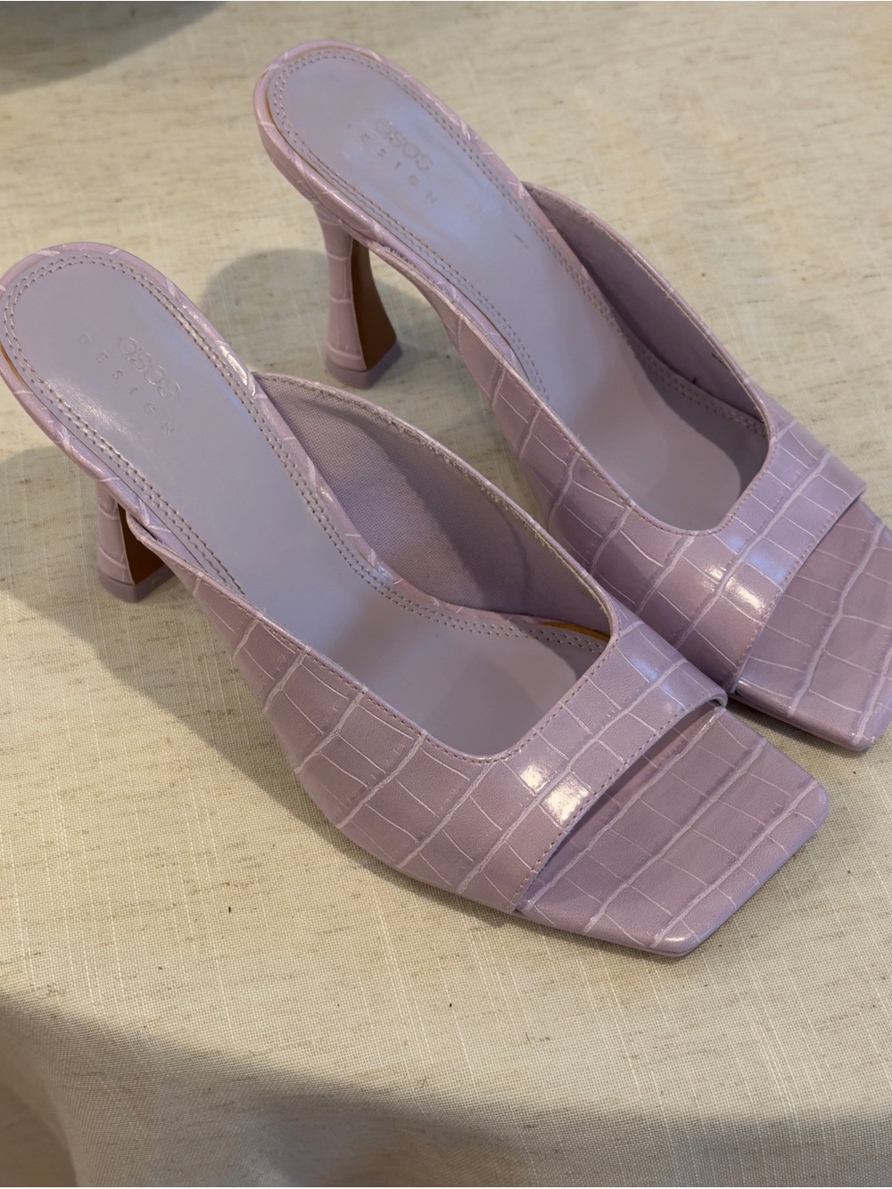 ASOS Square Toe Heeled Mules in Lilac Croc